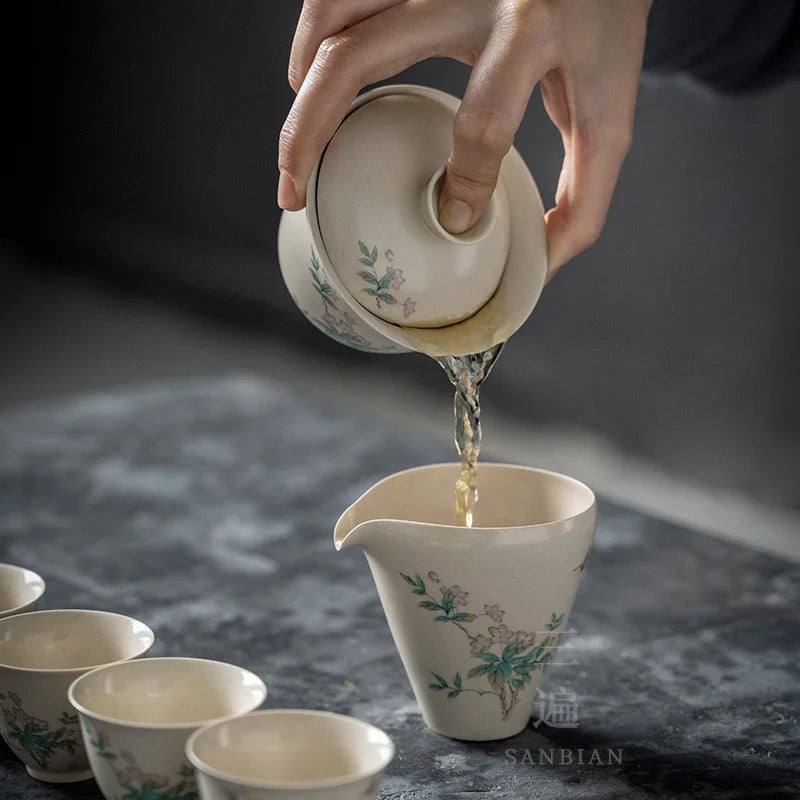Grass and Wood Gray Glaze Three Cai Tea Cup Tea Bowl Tea Set Set Household Minimalist Kung Fu Ceramics Tureen Small Set