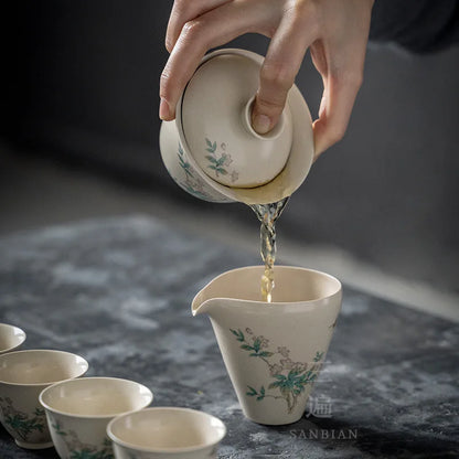Grass and Wood Gray Glaze Three Cai Tea Cup Tea Bowl Tea Set Set Household Minimalist Kung Fu Ceramics Tureen Small Set