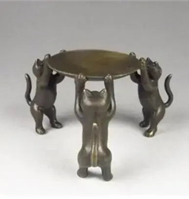 Gratis Pengiriman Cina Perunggu Piring Kucing Animal 3 Cat Minyak Lampu Pemegang Lilin Patung