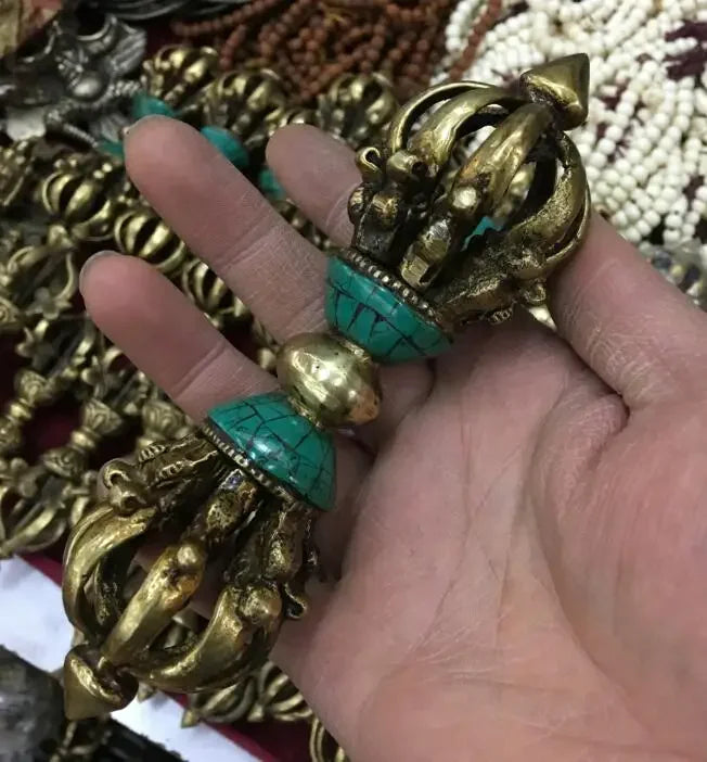 Gratis Pengiriman Dekorasi Perunggu Pabrik Murni Antik Kuno Tembaga Buddhisme Tibet Pirus Buddha Ritual Alat Tangan