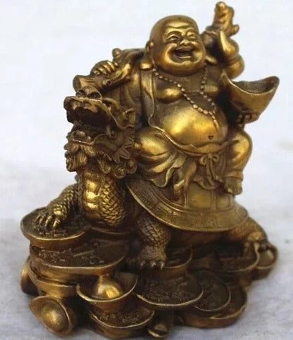 Gratis Pengiriman Tembaga Cina Uang Kekayaan Senang Tertawa Maitreya Buddha Pada Patung Kura-kura Naga