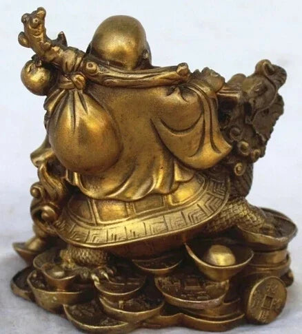 Gratis Pengiriman Tembaga Cina Uang Kekayaan Senang Tertawa Maitreya Buddha Pada Patung Kura-kura Naga