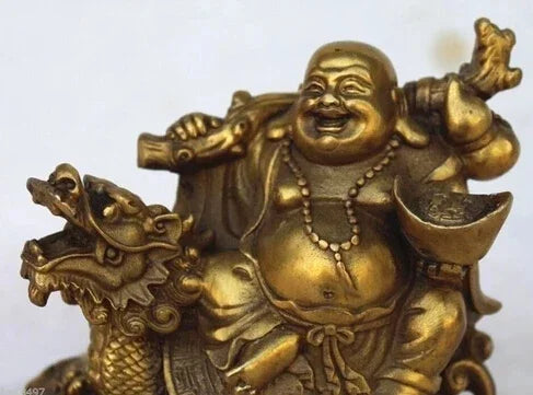 Gratis Pengiriman Tembaga Cina Uang Kekayaan Senang Tertawa Maitreya Buddha Pada Patung Kura-kura Naga