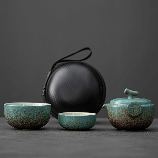 Green Ceramic Teapot Teacup Handmade Portable Travel Tea Sets Chinese Designer Retro Teaware Vintage Cups Unique Gift For Friend