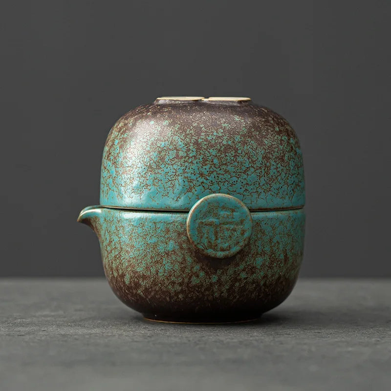 Green Ceramic Teapot Teacup Handmade Portable Travel Tea Sets Chinese Designer Retro Teaware Vintage Cups Unique Gift For Friend