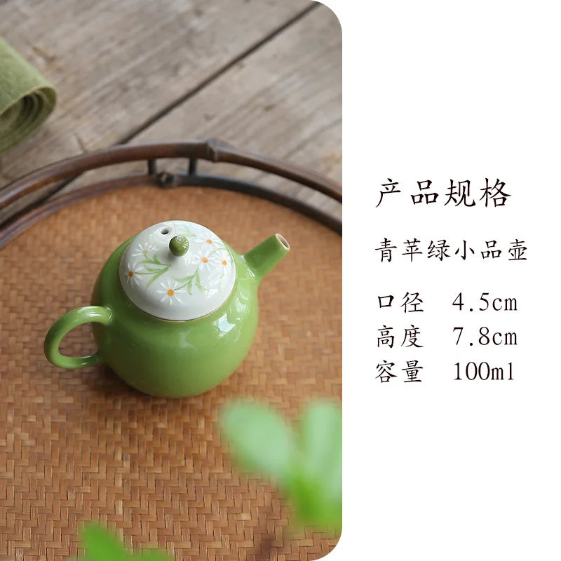 Green Hand-painted Chinese Teapot, Ceramic Kettle, Oolong Tea Infusers, Small Kung Fu Tea Table Pot, Samovar Household Items