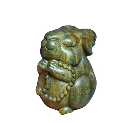 Green Sandalwood Buddha Fate Rabbit Zodiac Rabbit Hand Handle Solid Wood Carved Small Decoration Cute and Cute Rabbit Zen Craft