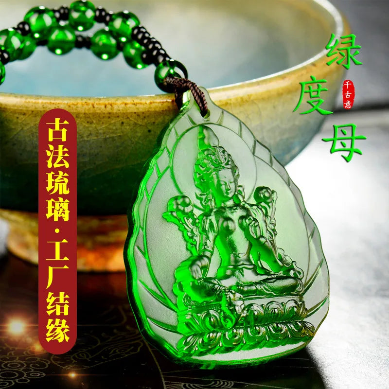 Green Tara buddha Crystal Pendant Amulet + 3PCS Nine palace Eight Diagrams Kalachakra  multipurpose talisman Golden Card Amulet