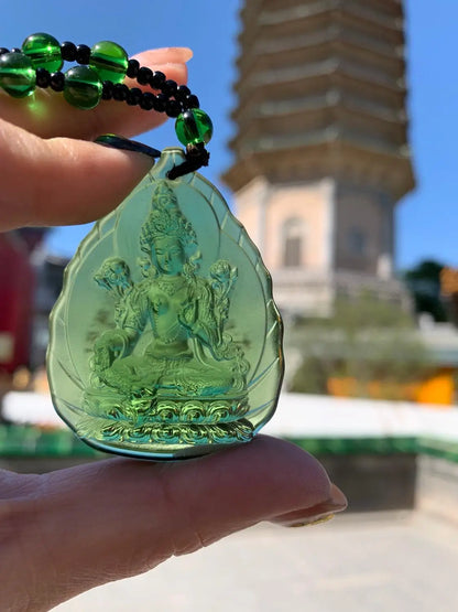 Green Tara buddha Crystal Pendant Amulet + 3PCS Nine palace Eight Diagrams Kalachakra  multipurpose talisman Golden Card Amulet