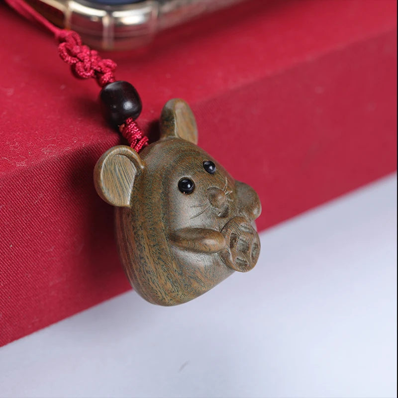 Green sandalwood Ebony 3.5cm Animal Sculpture Lucky mouse Pendant Car Hanging Bag Pendant Mascot Collection