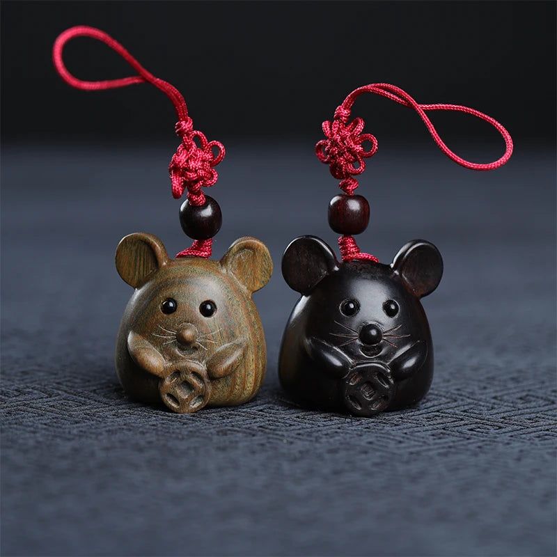 Green sandalwood Ebony 3.5cm Animal Sculpture Lucky mouse Pendant Car Hanging Bag Pendant Mascot Collection