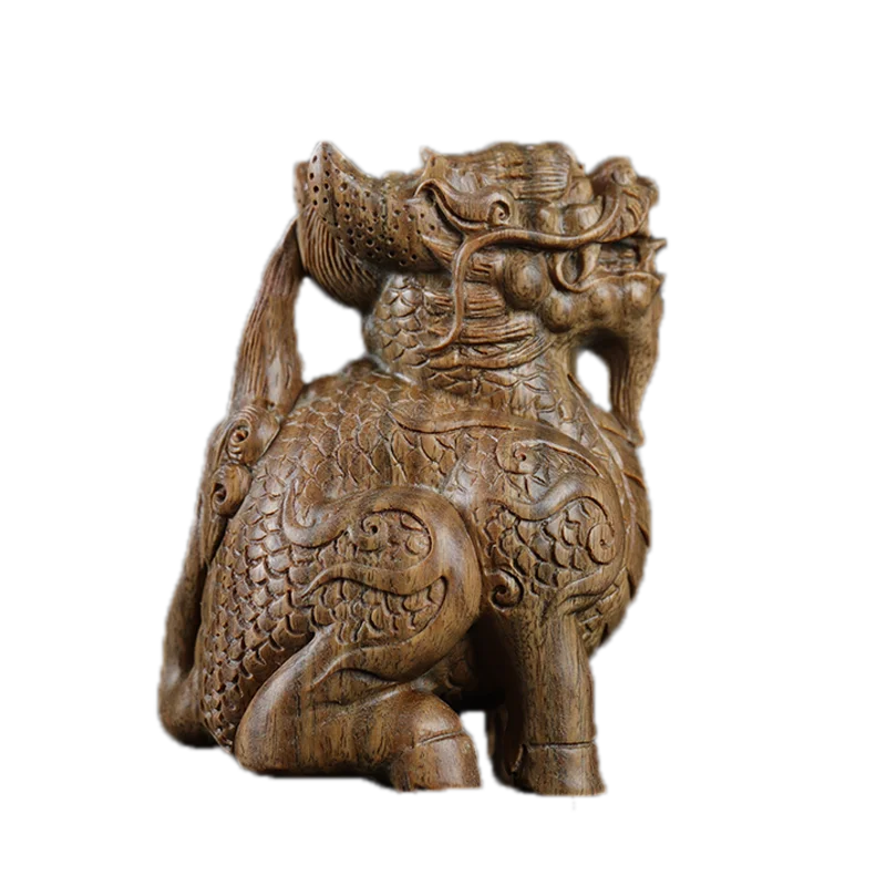 Green sandalwood Wood Statue Real Wood Feng Shui Collection Rich Kirin Home Décor Traditional Chinese Animal Sculpture Mascot Lu