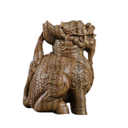 Green sandalwood Wood Statue Real Wood Feng Shui Collection Rich Kirin Home Décor Traditional Chinese Animal Sculpture Mascot Lu