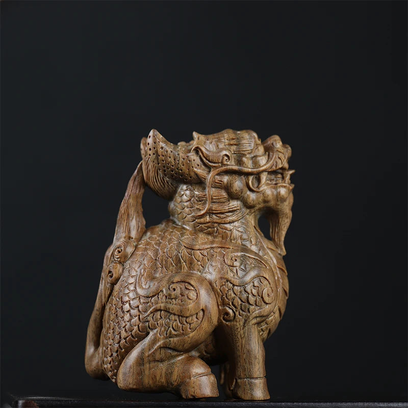 Green sandalwood Wood Statue Real Wood Feng Shui Collection Rich Kirin Home Décor Traditional Chinese Animal Sculpture Mascot Lu