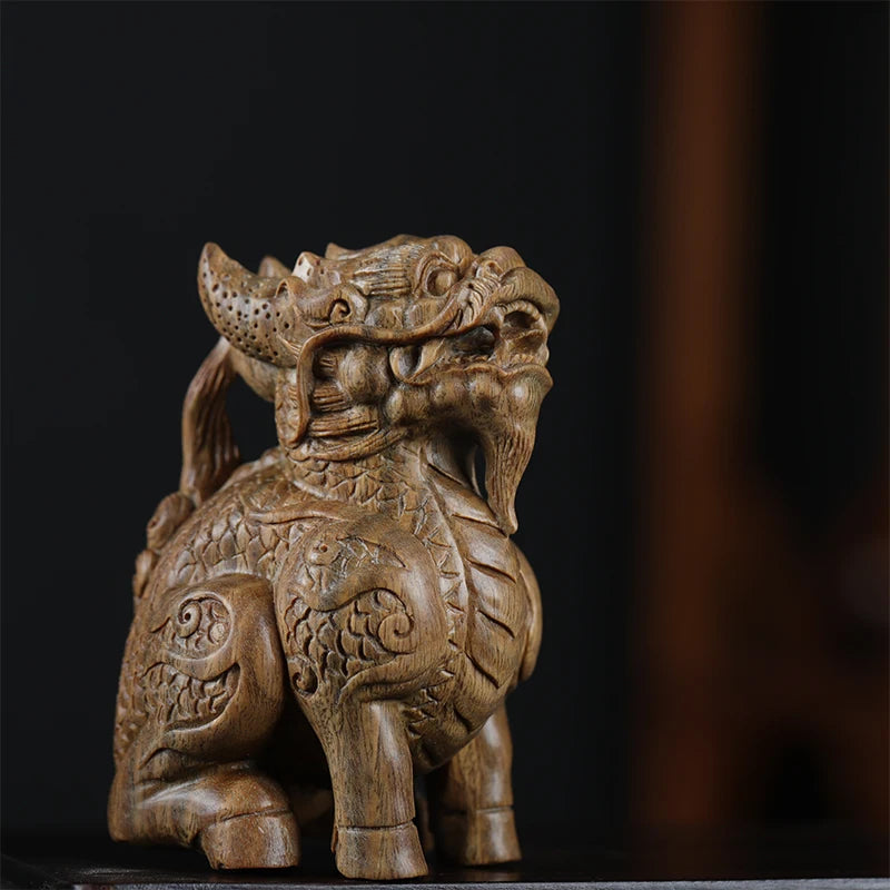 Green sandalwood Wood Statue Real Wood Feng Shui Collection Rich Kirin Home Décor Traditional Chinese Animal Sculpture Mascot Lu