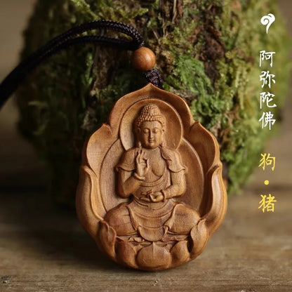 Green sandalwood carved Buddha statue pendant Chinese zodiac life Buddha necklace Bodhisattva universal guardian god pendant