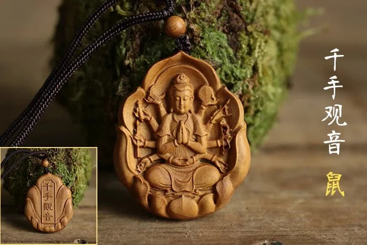 Green sandalwood carved Buddha statue pendant Chinese zodiac life Buddha necklace Bodhisattva universal guardian god pendant