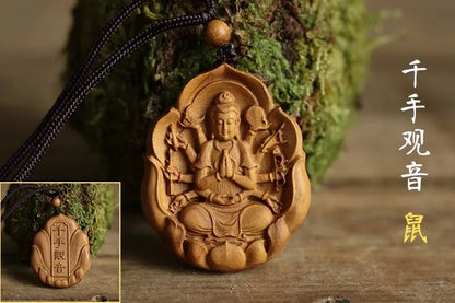 Green sandalwood carved Buddha statue pendant Chinese zodiac life Buddha necklace Bodhisattva universal guardian god pendant