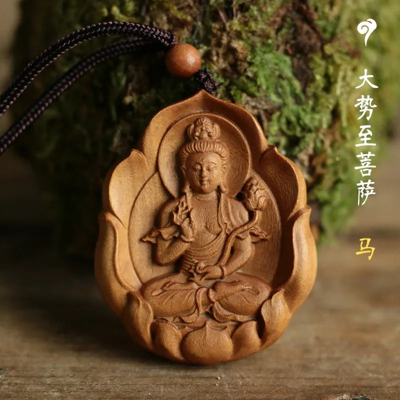Green sandalwood carved Buddha statue pendant Chinese zodiac life Buddha necklace Bodhisattva universal guardian god pendant