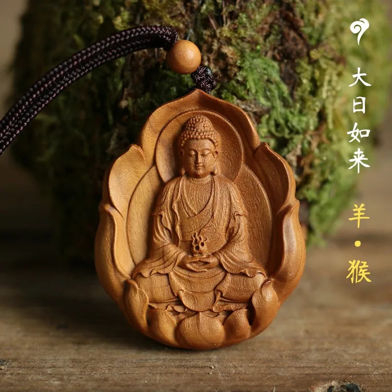 Green sandalwood carved Buddha statue pendant Chinese zodiac life Buddha necklace Bodhisattva universal guardian god pendant