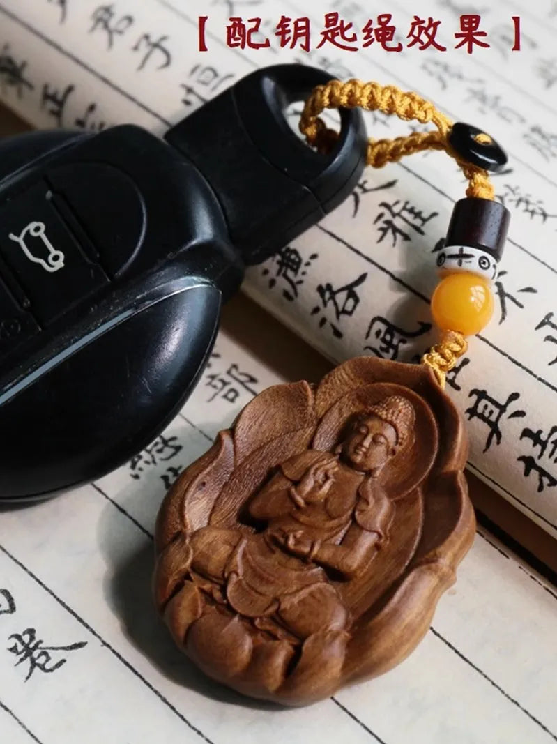 Green sandalwood carved Buddha statue pendant Chinese zodiac life Buddha necklace Bodhisattva universal guardian god pendant