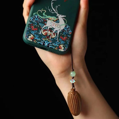 Green sandalwood carved corn mobile phone pendant keychain female sandalwood mobile phone chain bag pendant car key pendant