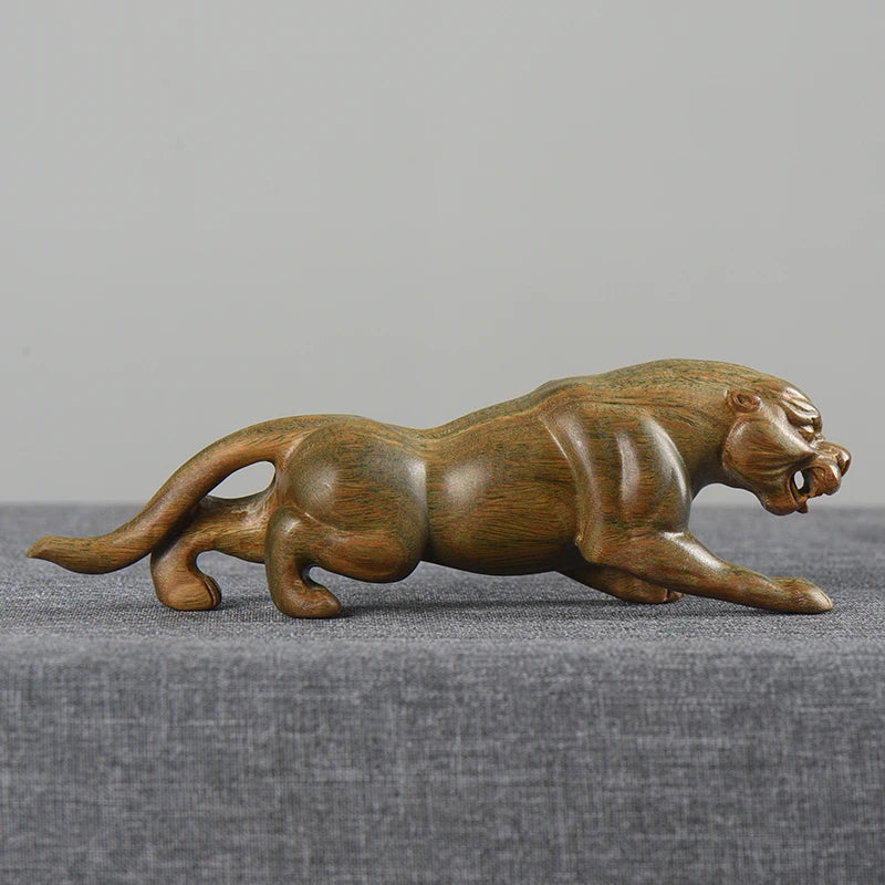 Green sandalwood carved leopard handlebars, solid wood ornaments, home office desktop decoration, cultural and artistic crafts