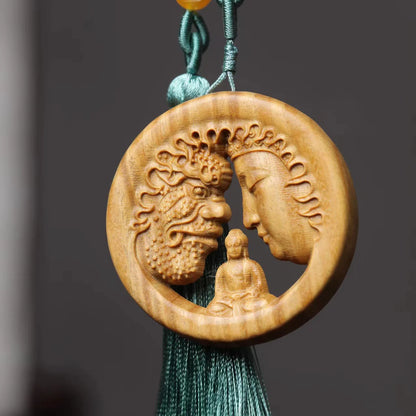 Green sandalwood carving  and  a moment's contemplation of the Buddha's  magic  bag  pendant, car decoration, Guanyin Buddha