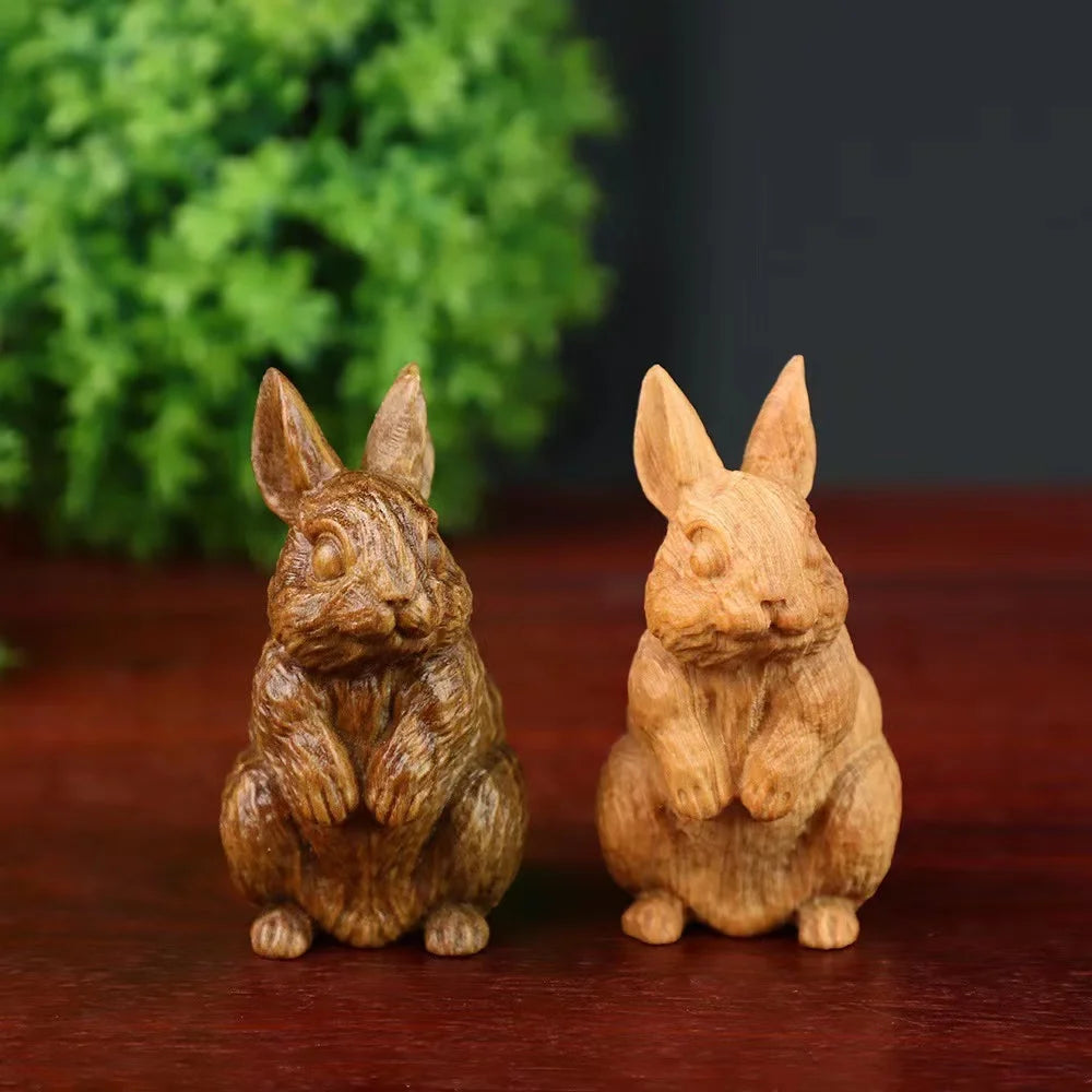 Green sandalwood cliff and cypress wood carving, small rabbit figurines, jade rabbit decorations, cute home crafts, gifts