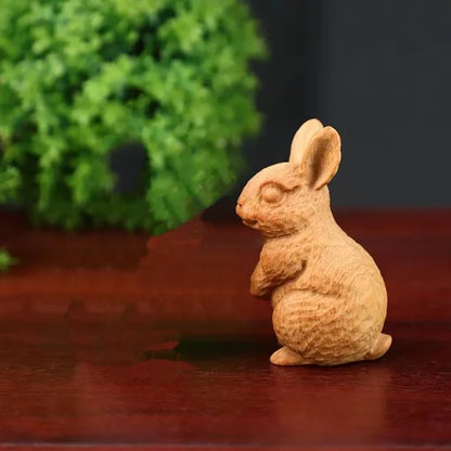 Green sandalwood cliff and cypress wood carving, small rabbit figurines, jade rabbit decorations, cute home crafts, gifts