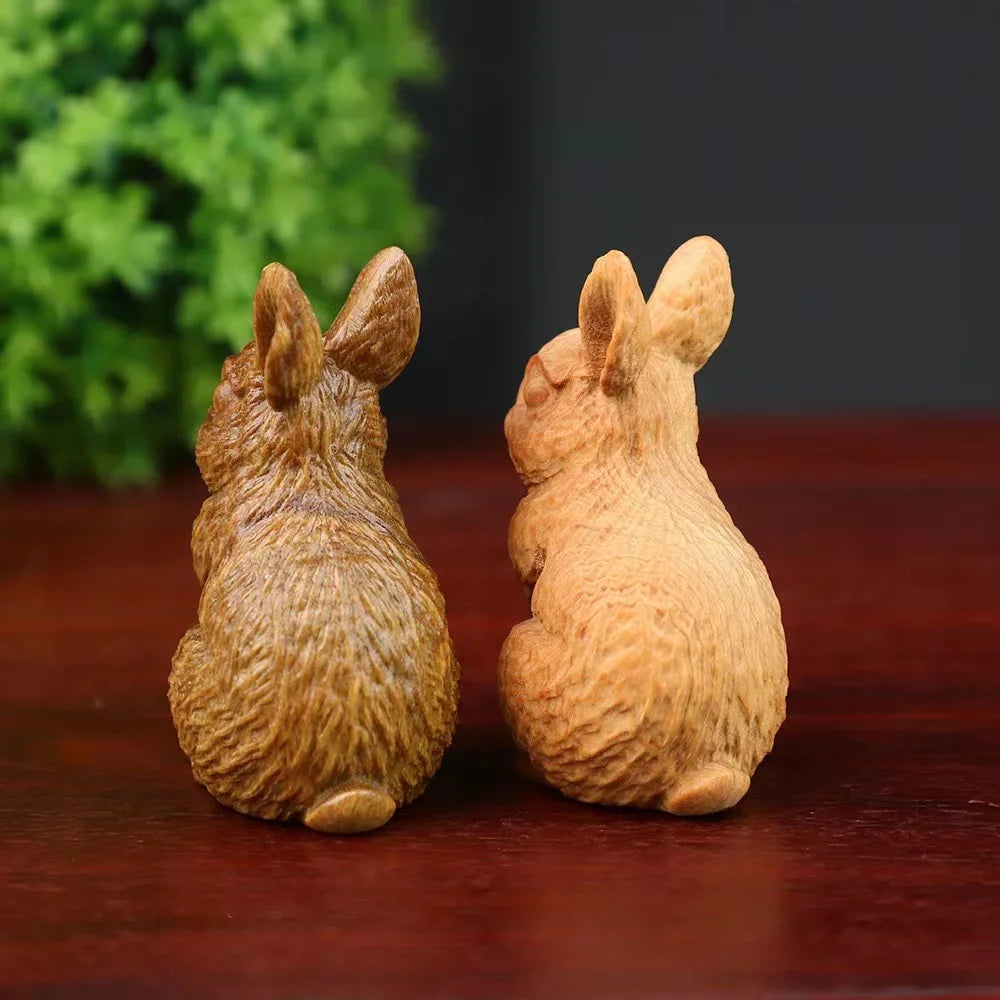 Green sandalwood cliff and cypress wood carving, small rabbit figurines, jade rabbit decorations, cute home crafts, gifts
