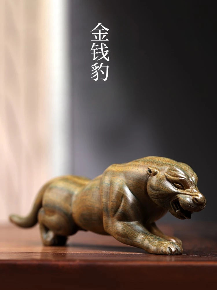 Green sandalwood, money, leopard wood carving, handlebar ornaments, literary and artistic treasures, money, leopard ornaments
