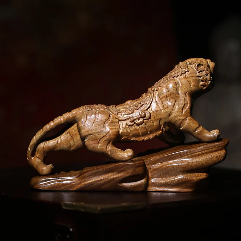 Green sandalwood statue animal Solid wood wood sculpture Zodiac tiger hand piece office home decoration