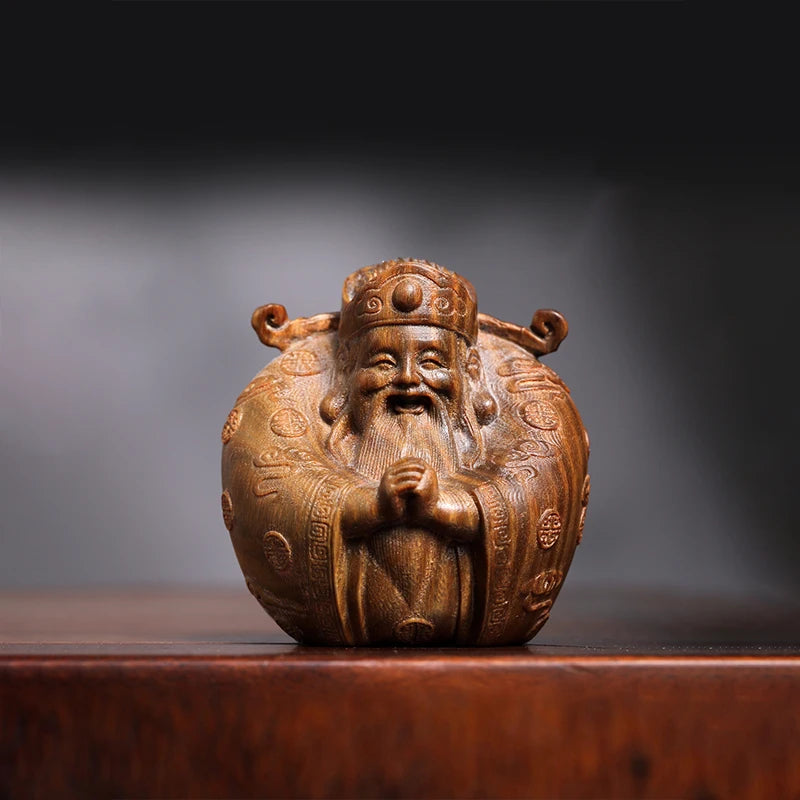 Green sandalwood statue small God of wealth home decoration lovely solid wood wood sculpture ornaments hand handle piece