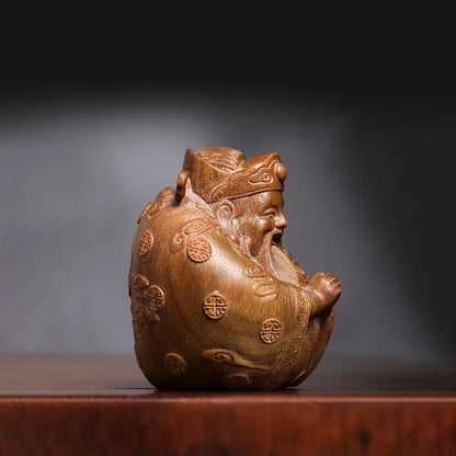 Green sandalwood statue small God of wealth home decoration lovely solid wood wood sculpture ornaments hand handle piece