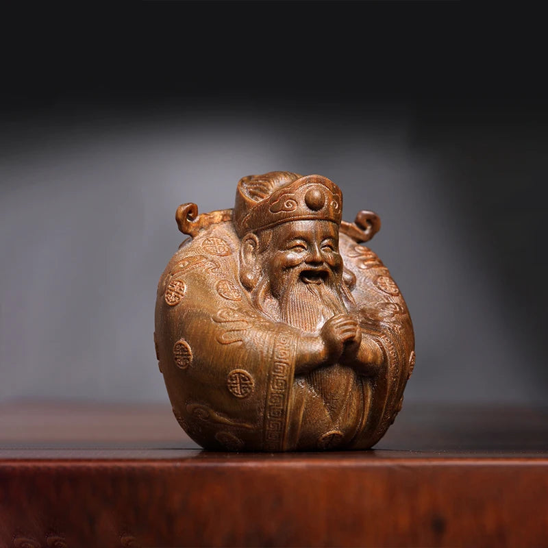 Green sandalwood statue small God of wealth home decoration lovely solid wood wood sculpture ornaments hand handle piece