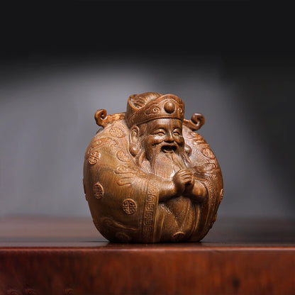 Green sandalwood statue small God of wealth home decoration lovely solid wood wood sculpture ornaments hand handle piece