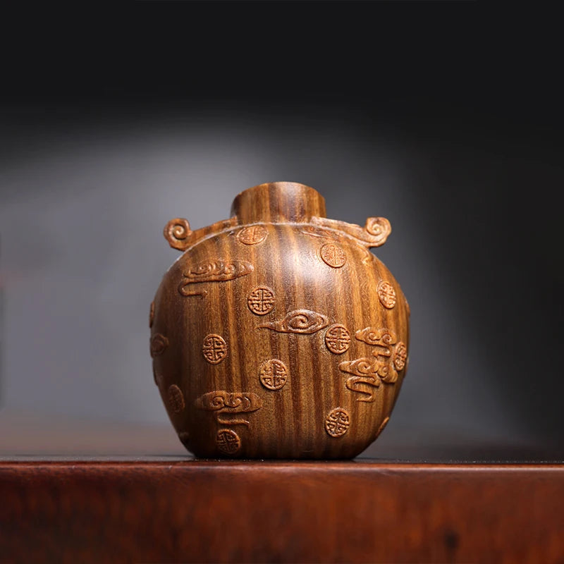 Green sandalwood statue small God of wealth home decoration lovely solid wood wood sculpture ornaments hand handle piece