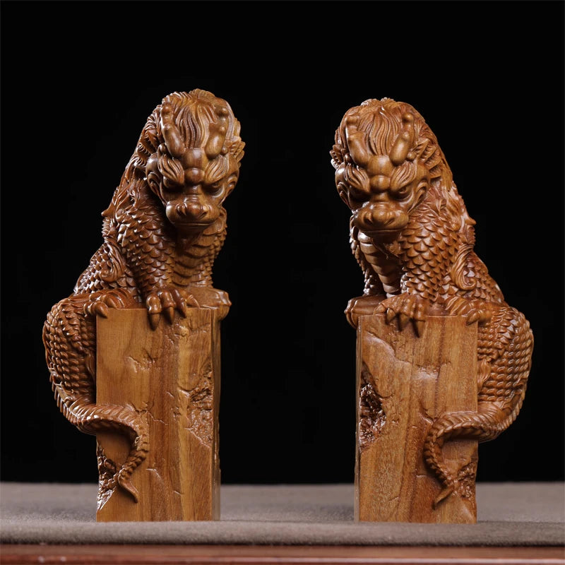 Green sandalwood wood statue town water beast suction beast feng shui decoration home decoration wood sculpture