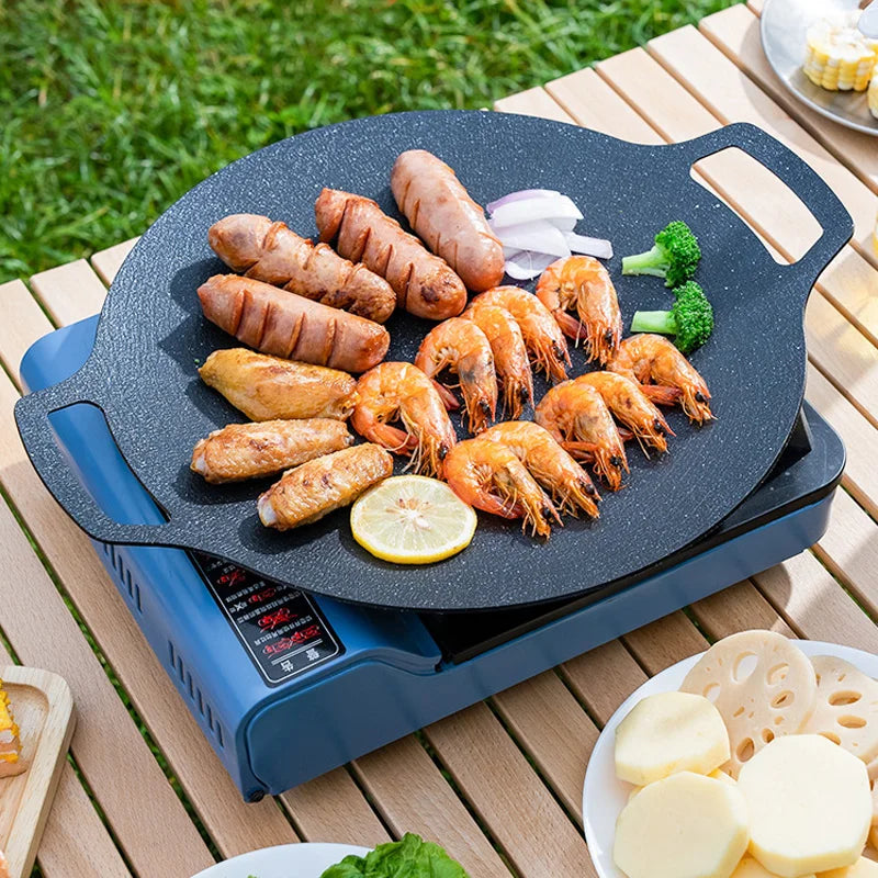 Grill Pan Korean Round Non-Stick Barbecue Plate Outdoor Travel Camping Frying Pan Barbecue Accessories