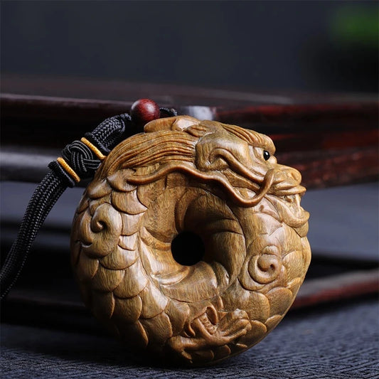 Guaiacum Wood 6cm Rich Dragon Circle Sculpture Feng Shui Wood Carving God Beast Pendant Statue Lucky Animal Home Decor