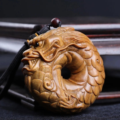 Guaiacum Wood 6cm Rich Dragon Circle Sculpture Feng Shui Wood Carving God Beast Pendant Statue Lucky Animal Home Decor