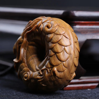 Guaiacum Wood 6cm Rich Dragon Circle Sculpture Feng Shui Wood Carving God Beast Pendant Statue Lucky Animal Home Decor