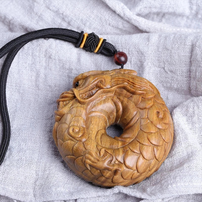 Guaiacum Wood 6cm Rich Dragon Circle Sculpture Feng Shui Wood Carving God Beast Pendant Statue Lucky Animal Home Decor