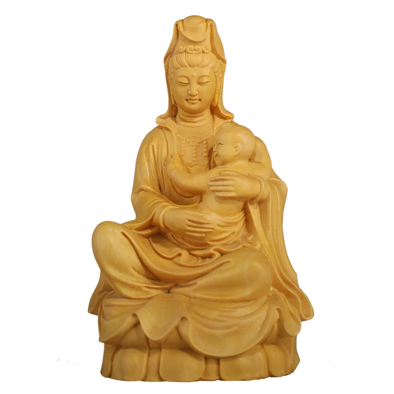 Guan Yin-Wooden Buddha Representation, Exquisite Sculpture for Home Decor, Artful Carved Miniature Sculpture for Elevated, Child