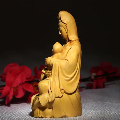 Guan Yin-Wooden Buddha Representation, Exquisite Sculpture for Home Decor, Artful Carved Miniature Sculpture for Elevated, Child