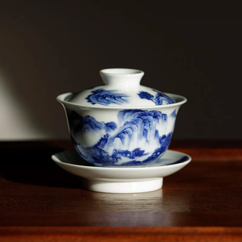 Guanfu Guanfu Museum Blue and White Gaiwan Kangxi Style Three-Piece Tea Bowl Jingdezhen Hand Painted White Porcelain Tea Bowl