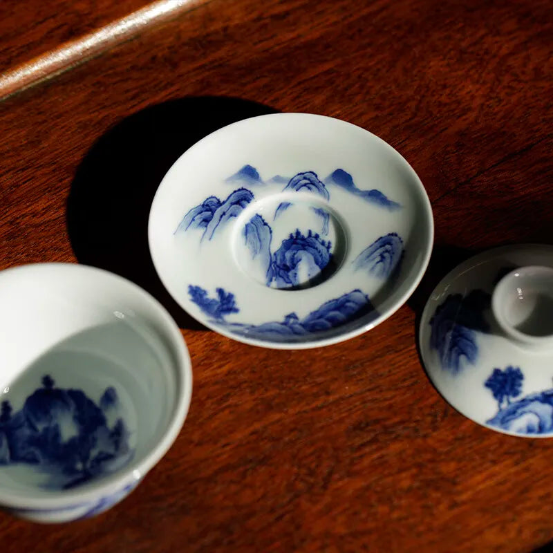 Guanfu Guanfu Museum Blue and White Gaiwan Kangxi Style Three-Piece Tea Bowl Jingdezhen Hand Painted White Porcelain Tea Bowl