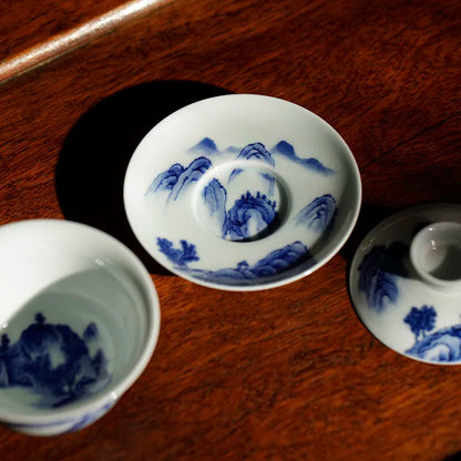 Guanfu Guanfu Museum Blue and White Gaiwan Kangxi Style Three-Piece Tea Bowl Jingdezhen Hand Painted White Porcelain Tea Bowl