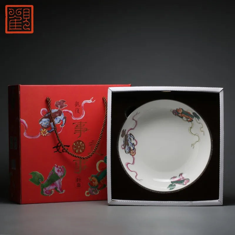 Guanfu Museum All the Best Three Lions Plate Collection Decoration 8-Inch Dining Plate Jingdezhen Ceramic Chinese Retro Domestic